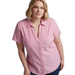 Riders by Lee Womens Pink White Striped Short Sleeve Button Down Shirt Size 1X